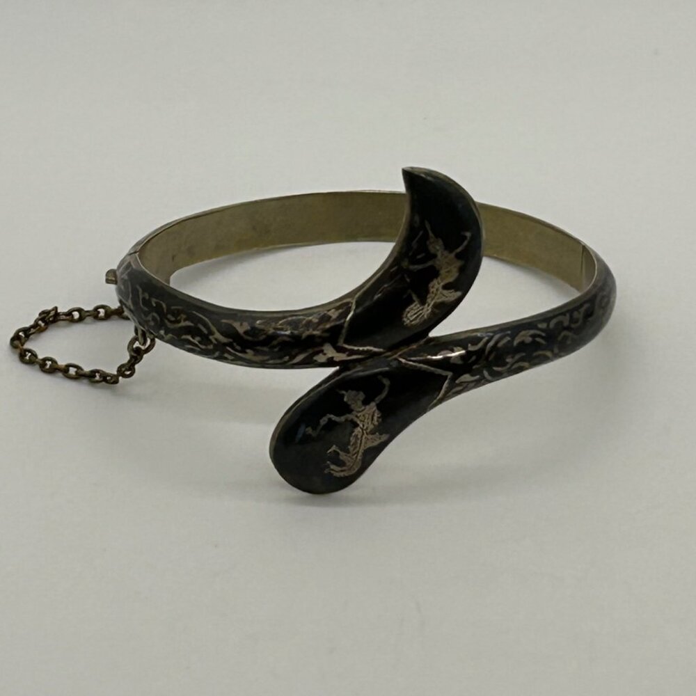 Vintage Siam Niello Bangle Bracelet Thai Black Enamel Hinged Chain Closure